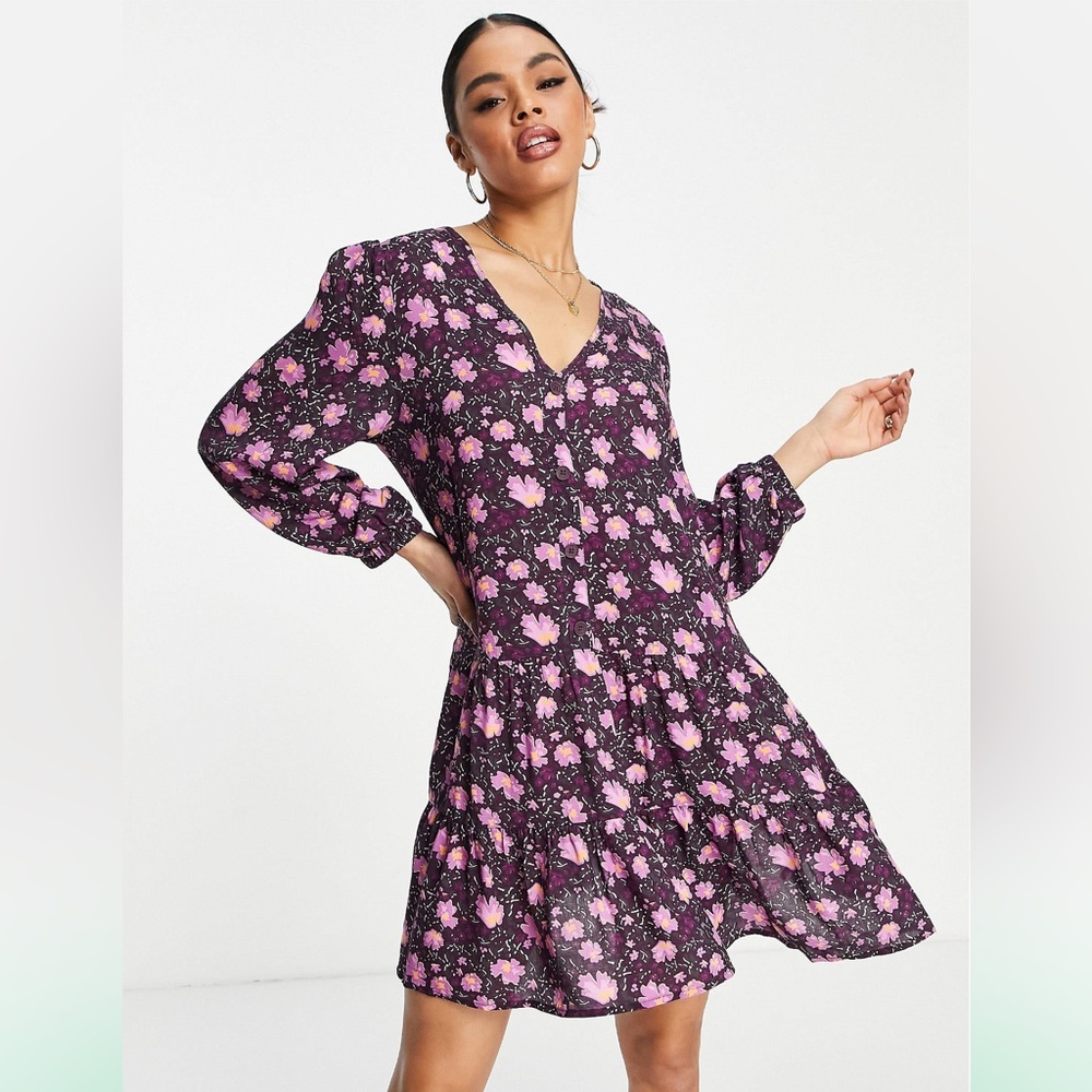 NA-KD v neck smock tiered mini dress with purple floral print
